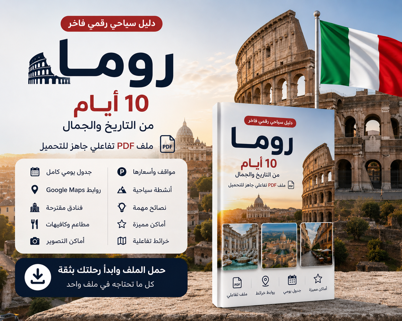 دليل إيطاليا السياحي | 10 أيام (روما، فلورنسا، توسكانا، بولونيا، سان مارينو) | PDF تفاعلي